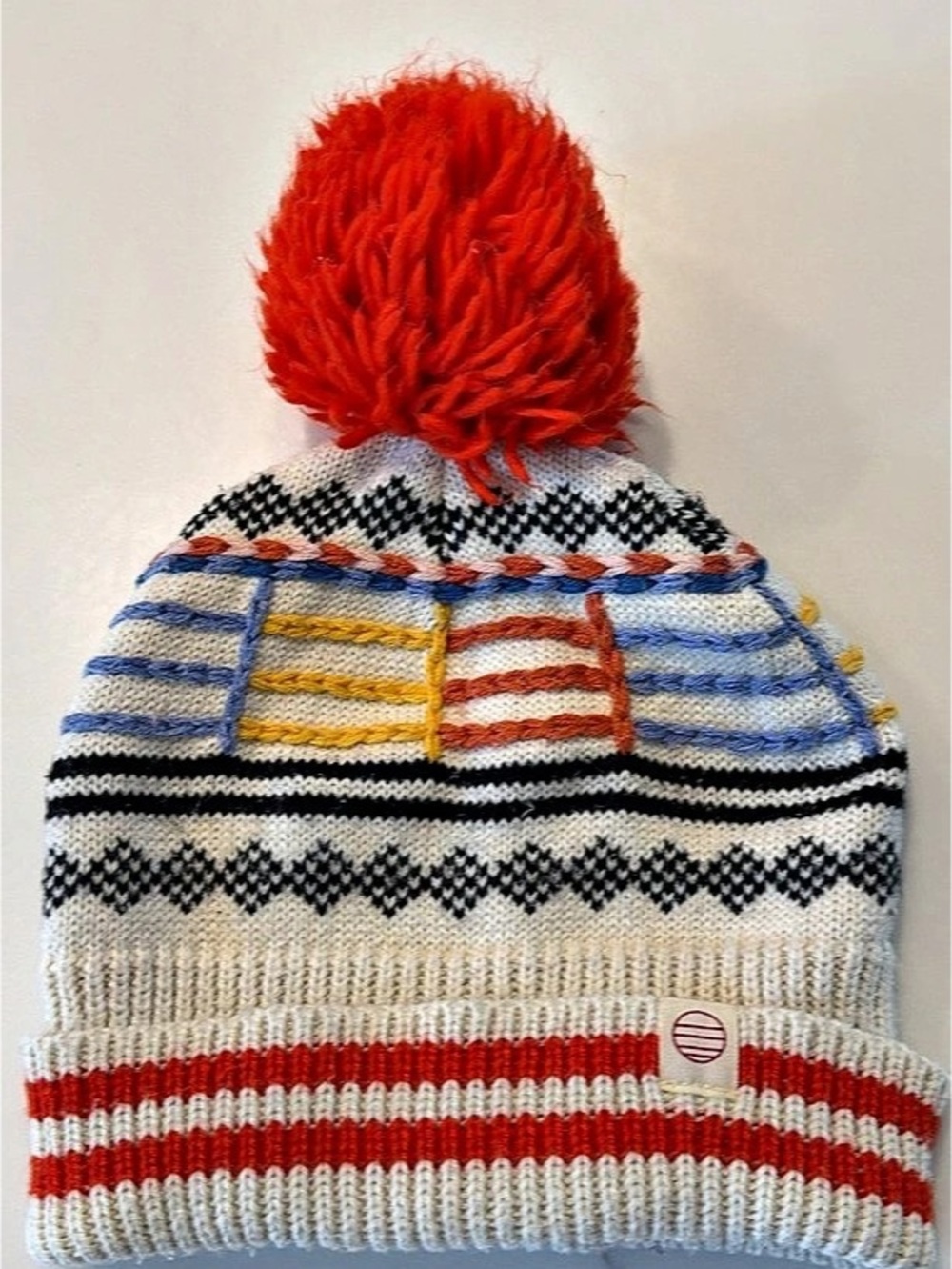Marine Layer striped Knit Pom-Pom Hat in White & Red